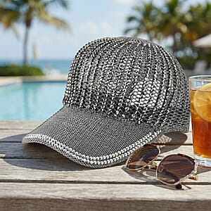 La Marey Gray Striped Hollow Out Cap with Rhinestones