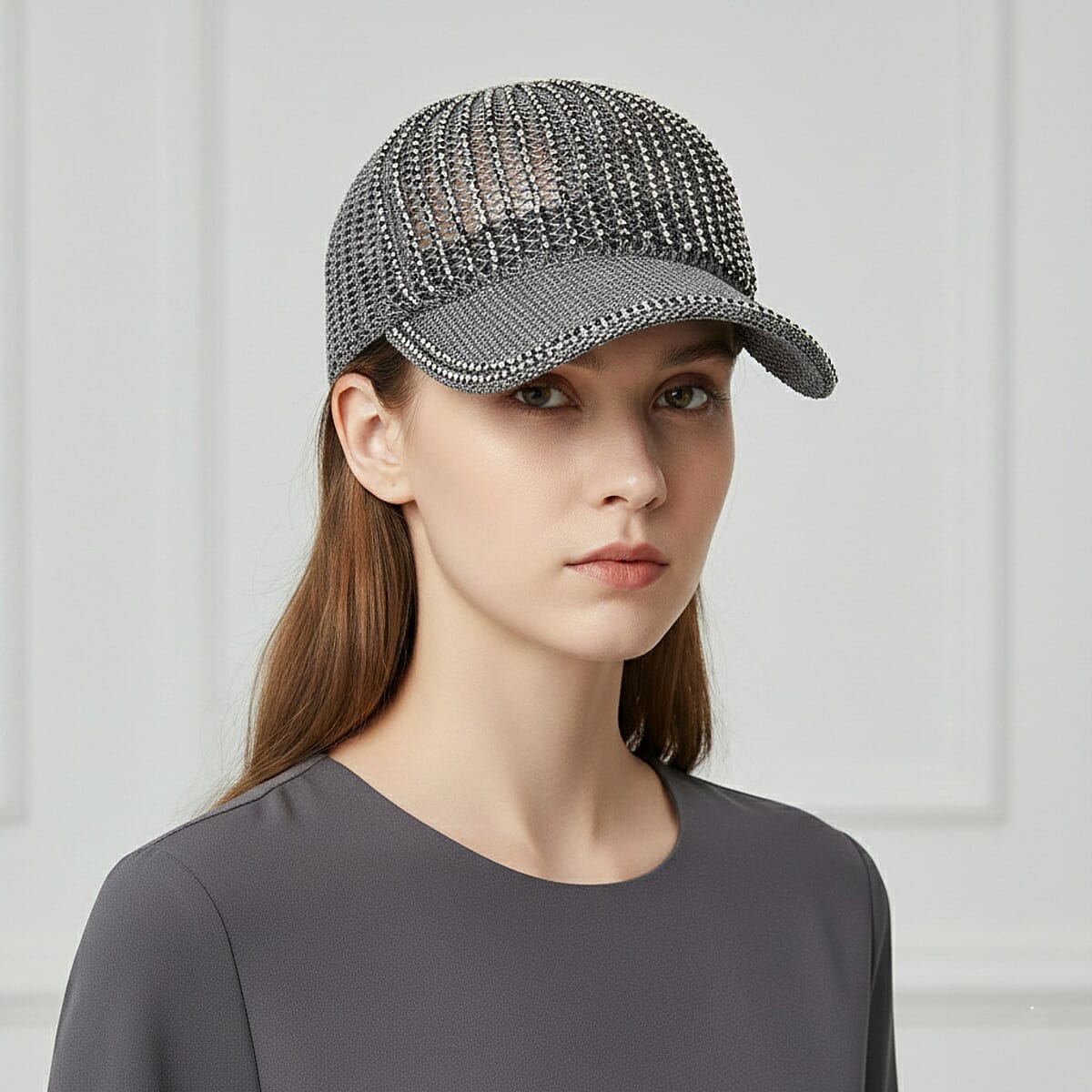 La Marey Gray Striped Hollow Out Cap with Rhinestones image number 2