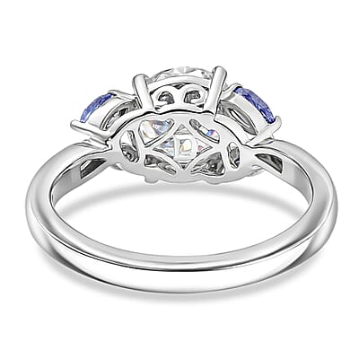 D'Joy Moissanite and Tanzanite 2.25 ctw Twilight Spark Ring in Rhodium Over Sterling Silver (Size 10.0)