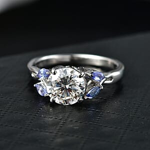 D'Joy Moissanite and Tanzanite 2.25 ctw Twilight Spark Ring in Rhodium Over Sterling Silver (Size 6.0)