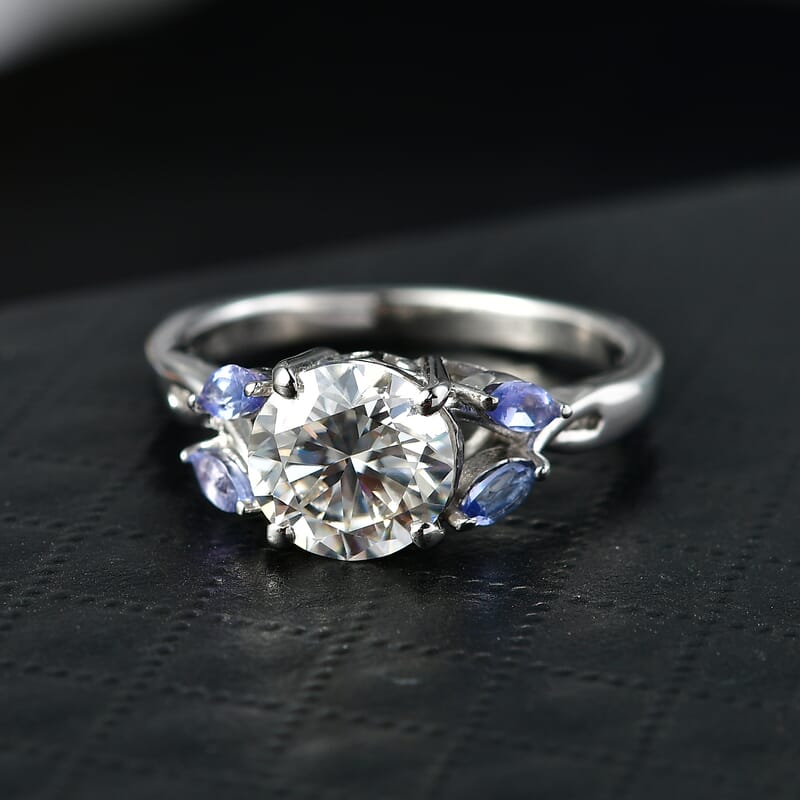 D'Joy Moissanite and Tanzanite 2.25 ctw Twilight Spark Ring in Rhodium Over Sterling Silver (Size 9.0)