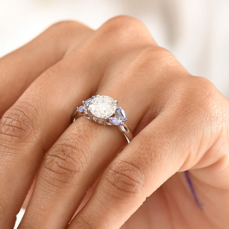 D'Joy Moissanite and Tanzanite 2.25 ctw Twilight Spark Ring in Rhodium Over Sterling Silver (Size 9.0)