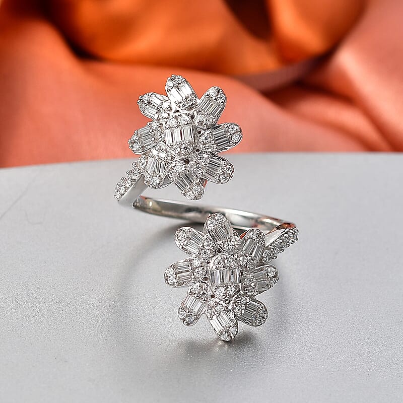 D'Joy Moissanite 1.10 ctw Twin Flower Ring in Rhodium Over Sterling Silver (Size 6.0)