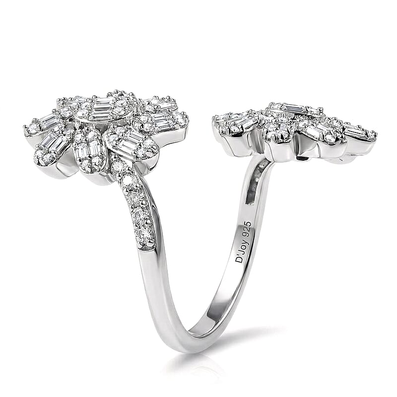 D'Joy Moissanite 1.10 ctw Twin Flower Ring in Rhodium Over Sterling Silver (Size 6.0)