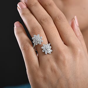 D'Joy Moissanite 1.10 ctw Twin Flower Ring in Rhodium Over Sterling Silver (Size 7.0)
