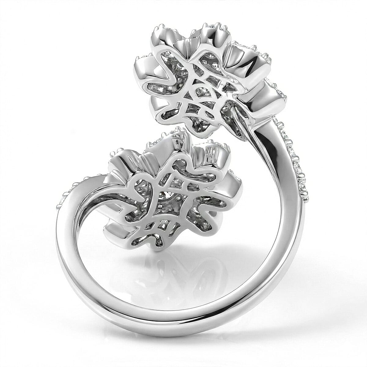 D'Joy Moissanite 1.10 ctw Twin Flower Ring in Rhodium Over Sterling Silver (Size 8.0)