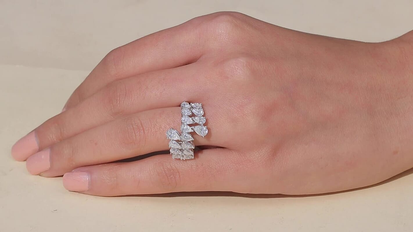 D'Joy Moissanite (Pear 6x4mm) Ring in Rhodium Over Sterling Silver (Size 10.0) 3.20 ctw