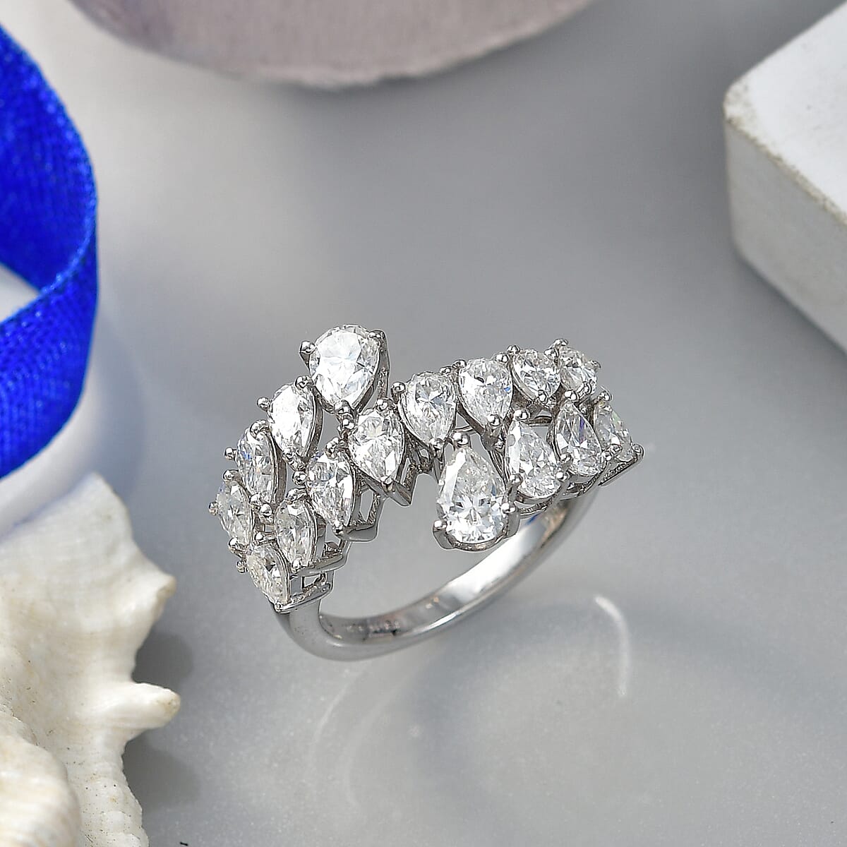 D'Joy Moissanite 3.20 ctw Sparkle Dew Ring in Rhodium Over Sterling Silver (Size 7.0) image number 1