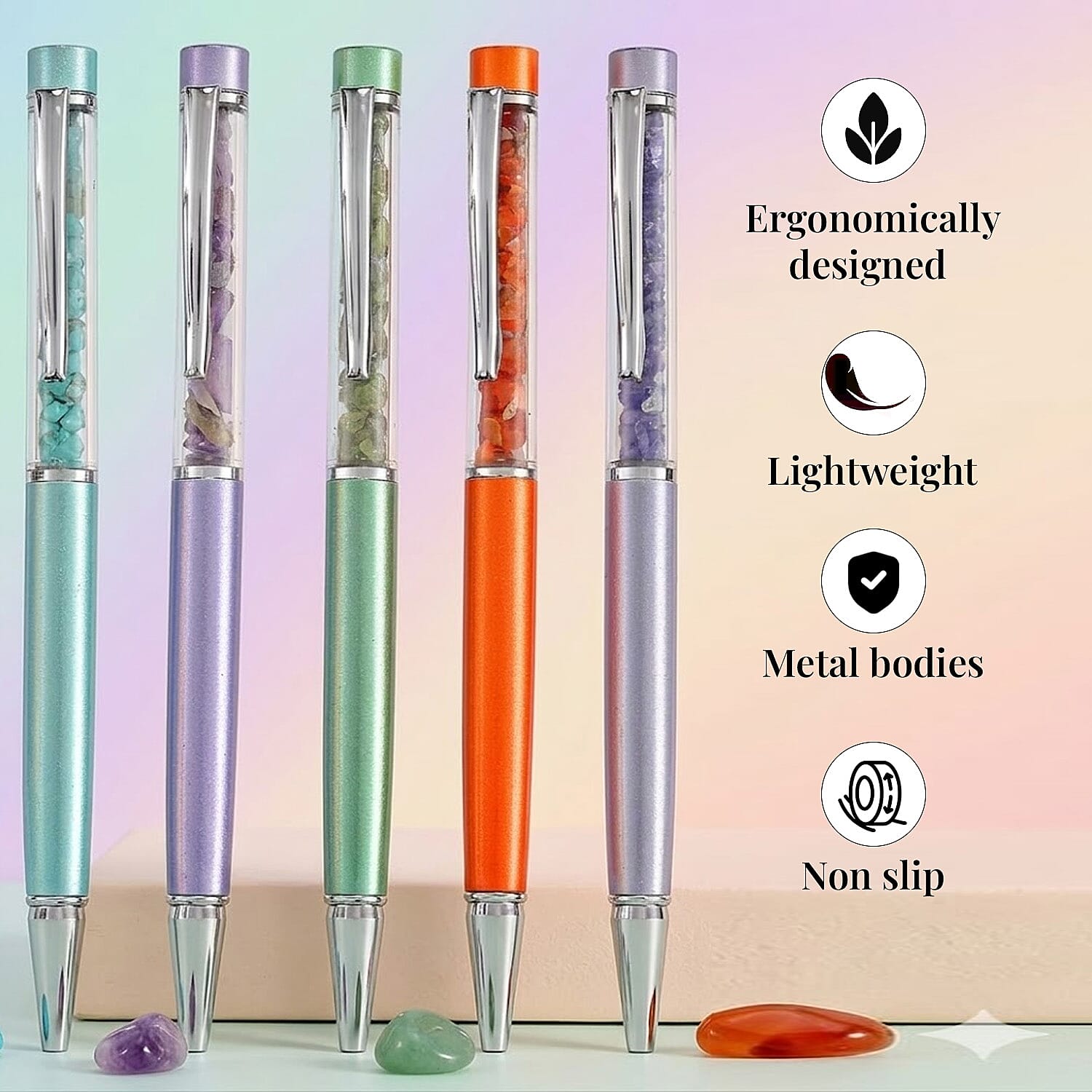 Livmore Set Of 5 Amythyst, Green Apatite, Fire Opal, Tanzanite and Blue Apatite Gemstone Pen