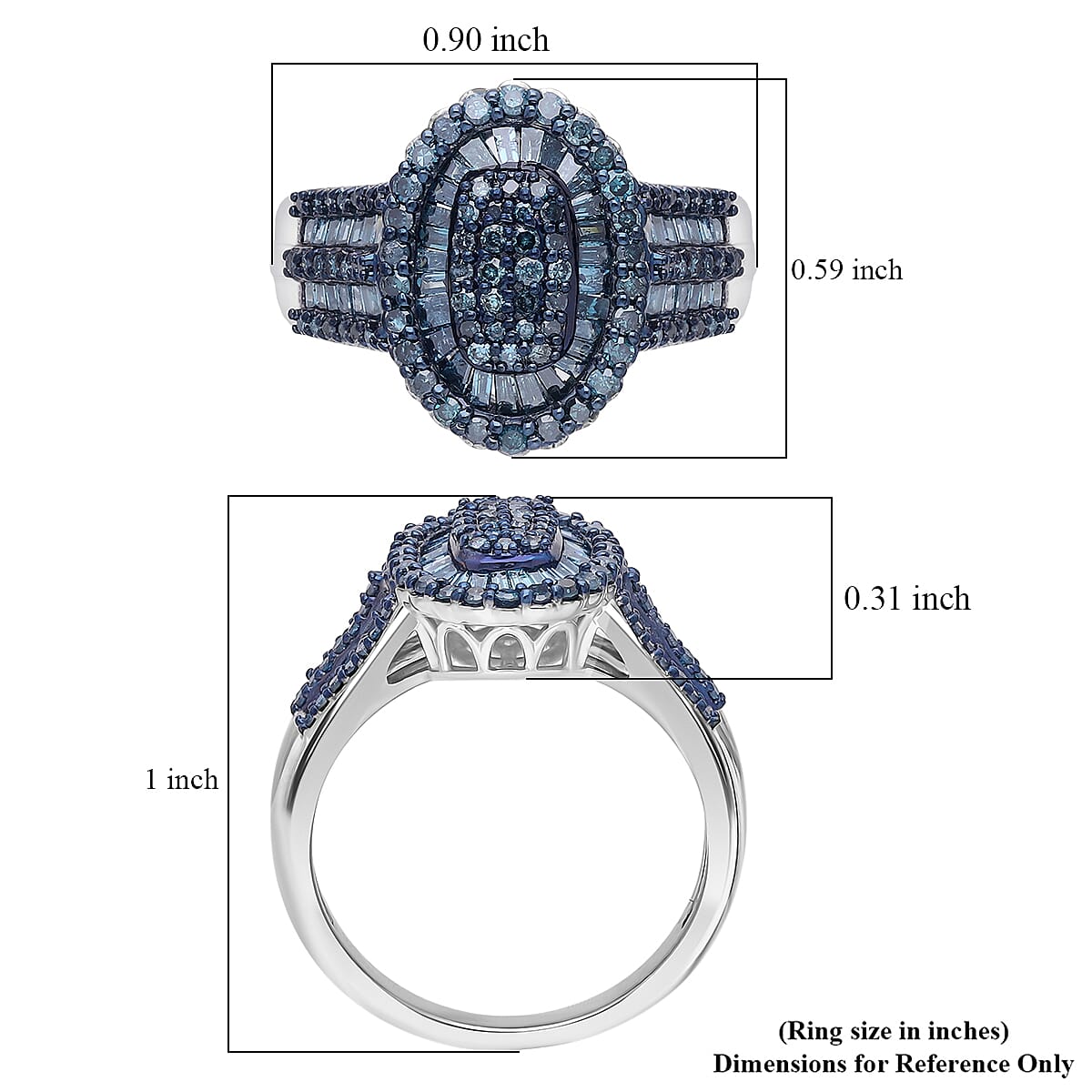 D'Joy Blue Diamond 1.00 ctw Cocktail Cluster Ring in Rhodium Over Sterling Silver (Size 6.0) image number 5