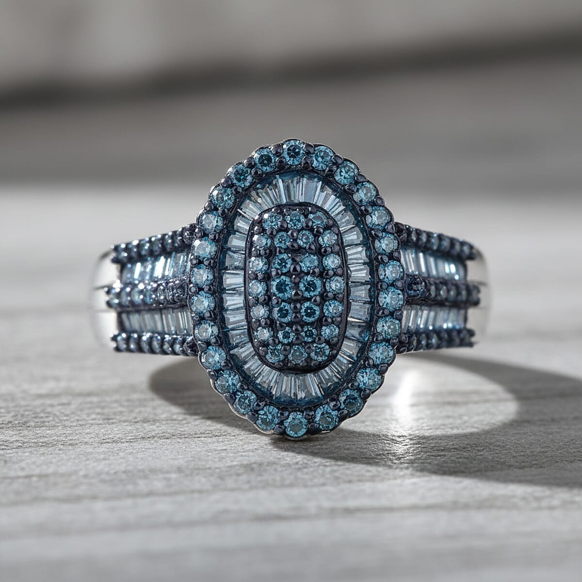 D'Joy Blue Diamond 1.00 ctw Cocktail Cluster Ring in Rhodium Over Sterling Silver (Size 7.0) image number 1