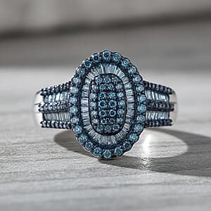 D'Joy Blue Diamond 1.00 ctw Cocktail Cluster Ring in Rhodium Over Sterling Silver (Size 7.0)
