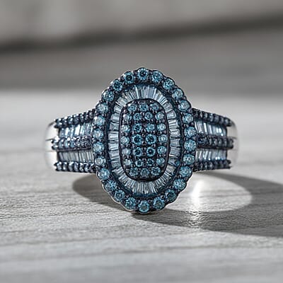 D'Joy Blue Diamond 1.00 ctw Cocktail Cluster Ring in Rhodium Over Sterling Silver (Size 8.0)