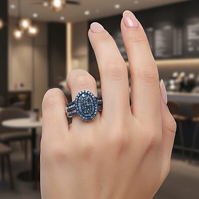 D'Joy Blue Diamond 1.00 ctw Cocktail Cluster Ring in Rhodium Over Sterling Silver (Size 8.0)