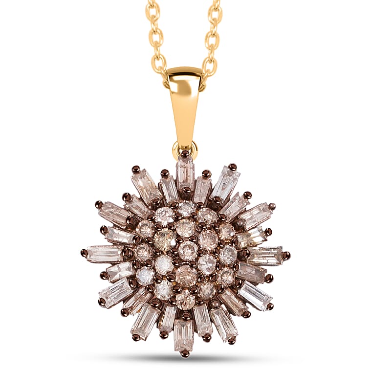 Natural Champagne Diamond Snowflake Pendant Necklace in 14K YG Over Sterling Silver 1.00 ctw (18 Inches)