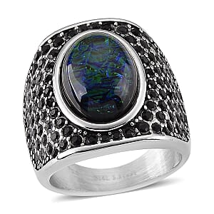 Lab Created Black Opal and Austrian Crystal Royal Midnight Mirage Ring in Stainless Steel (Size 6.0)