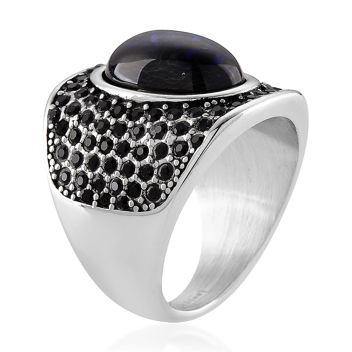Lab Created Black Opal and Austrian Crystal Royal Midnight Mirage Ring in Stainless Steel (Size 6.0) image number 3