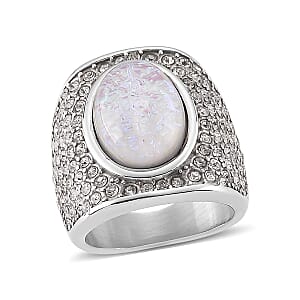 Lab Created White Opal and Austrian Crystal Fire & Snow Radiance Ring in Stainless Steel (Size 8.0)