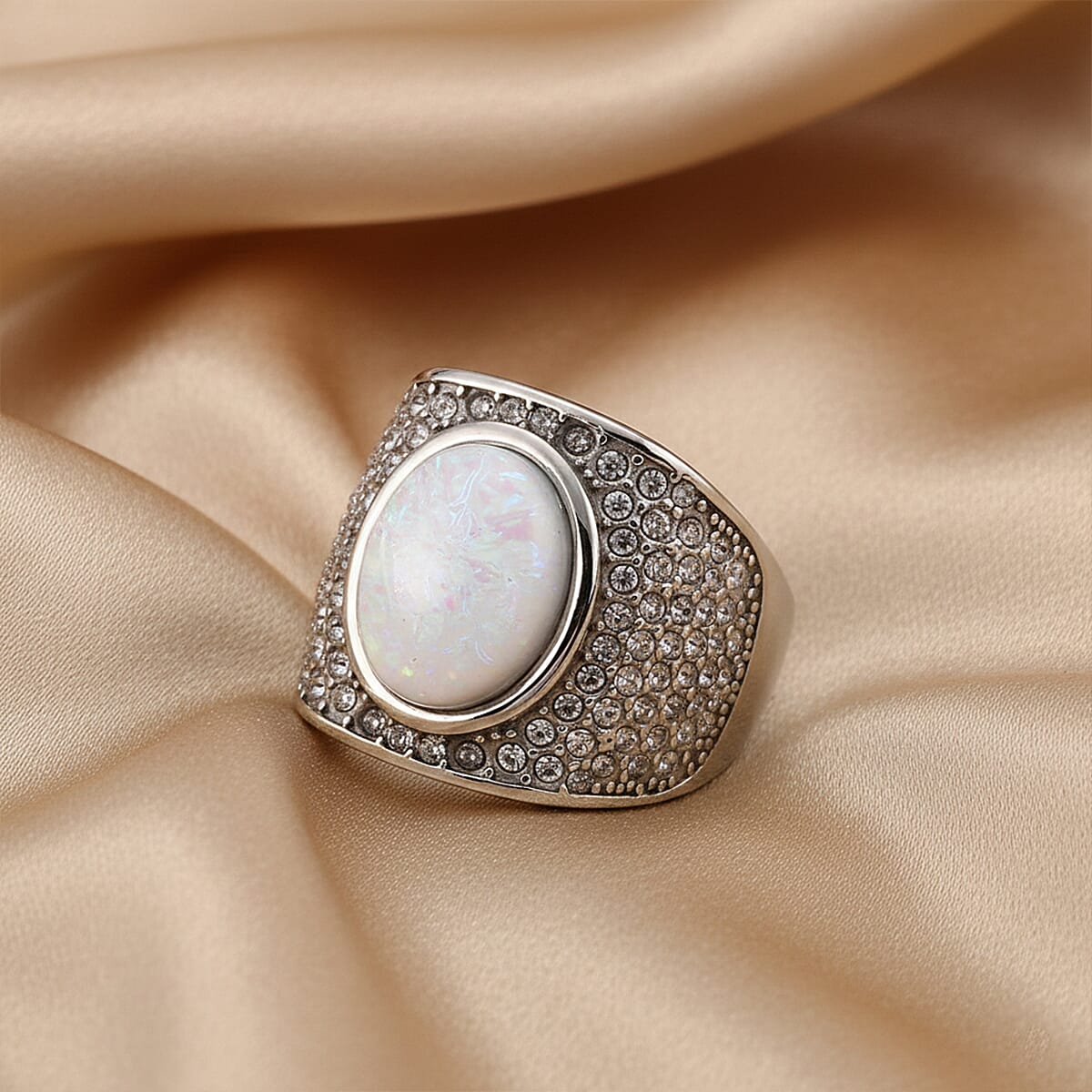 Lab Created White Opal and Austrian Crystal Fire & Snow Radiance Ring in Stainless Steel (Size 8.0) image number 1