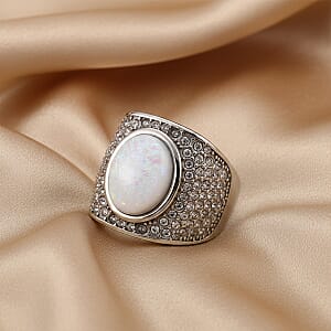 Lab Created White Opal and Austrian Crystal Fire & Snow Radiance Ring in Stainless Steel (Size 8.0)
