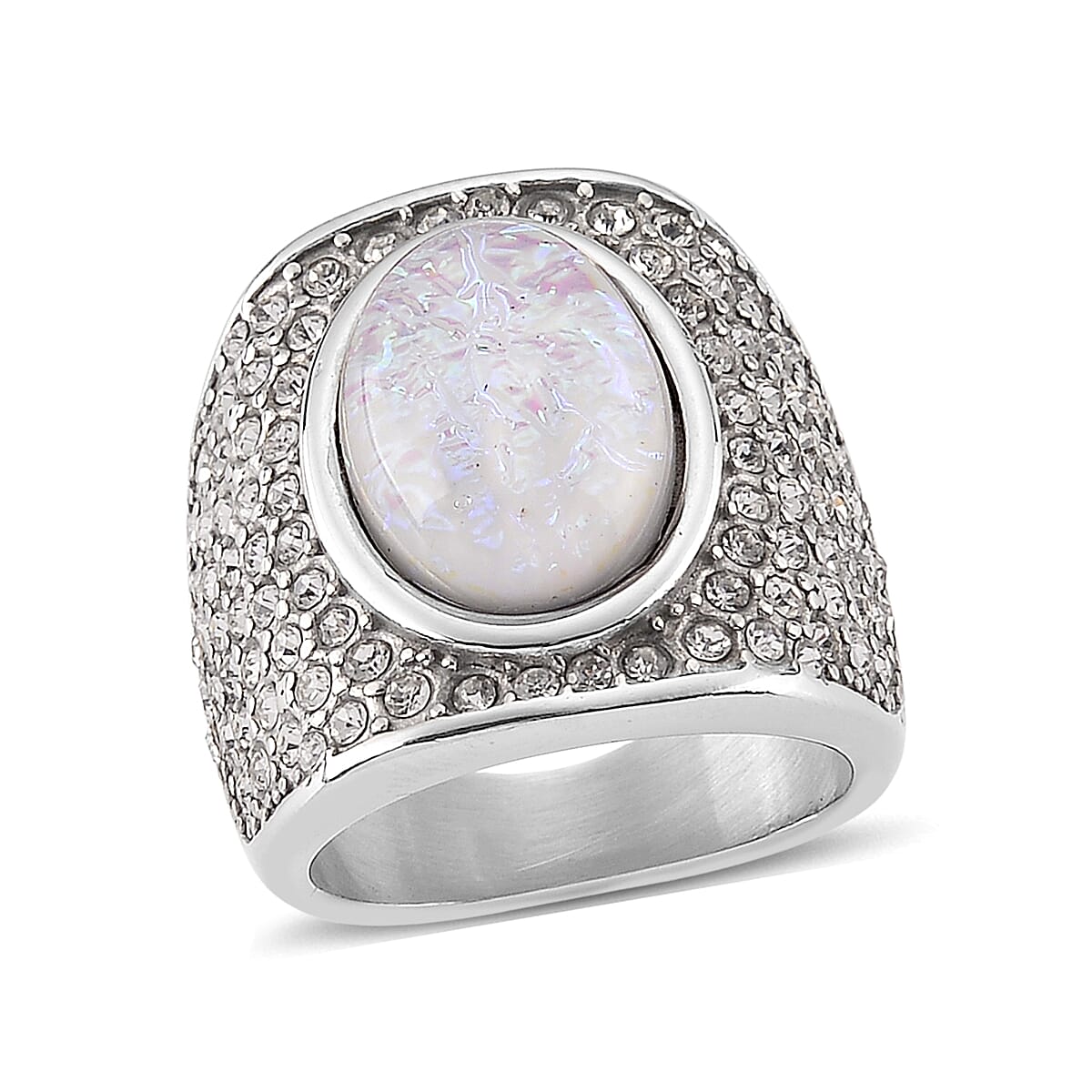 Lab Created White Opal and Austrian Crystal Fire & Snow Radiance Ring in Stainless Steel (Size 9.0)