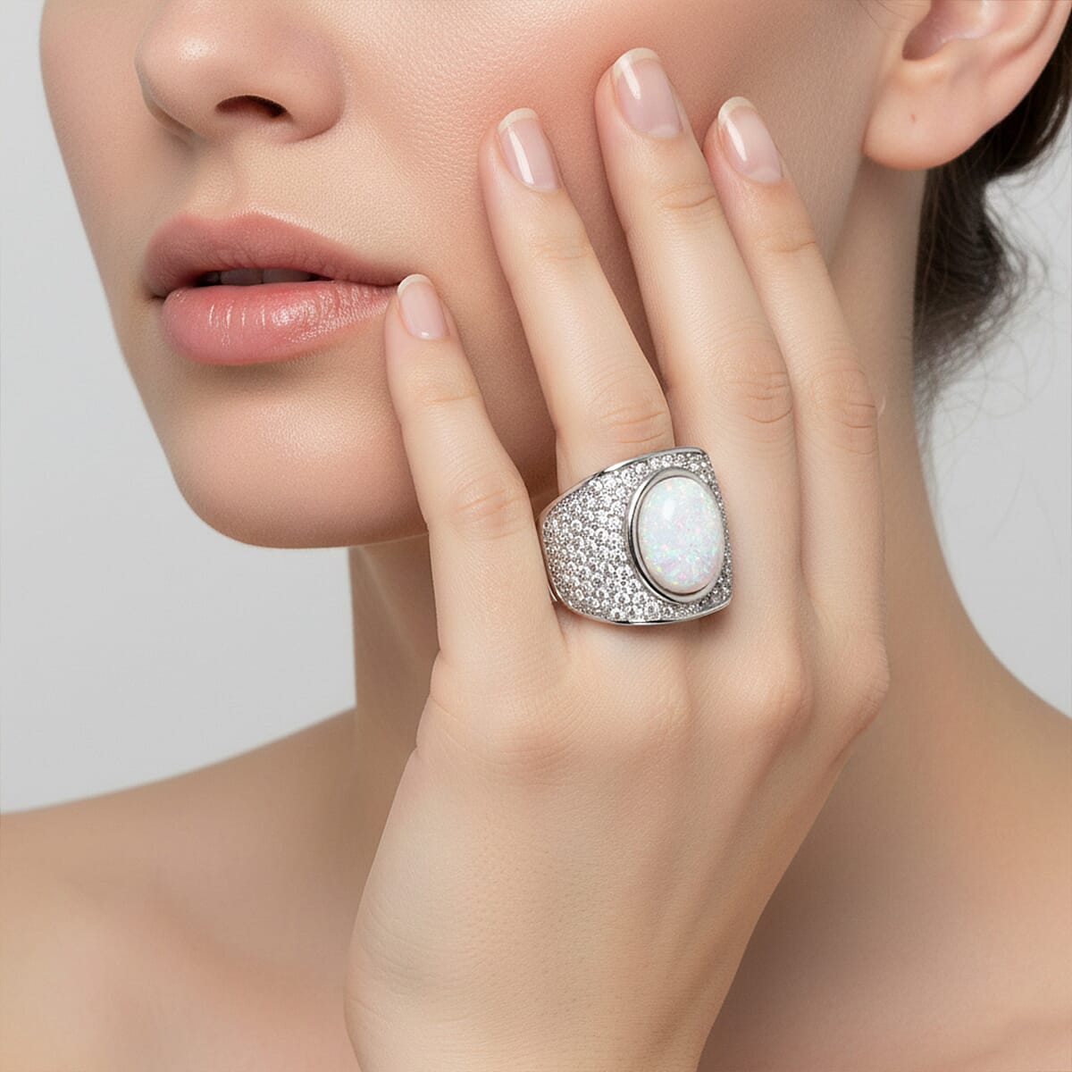 Lab Created White Opal and Austrian Crystal Fire & Snow Radiance Ring in Stainless Steel (Size 9.0)