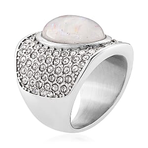 Lab Created White Opal and Austrian Crystal Fire & Snow Radiance Ring in Stainless Steel (Size 9.0)