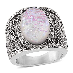 White Resin and Austrian Crystal Fire & Snow Celestia Ring in Stainless Steel (Size 10.0)