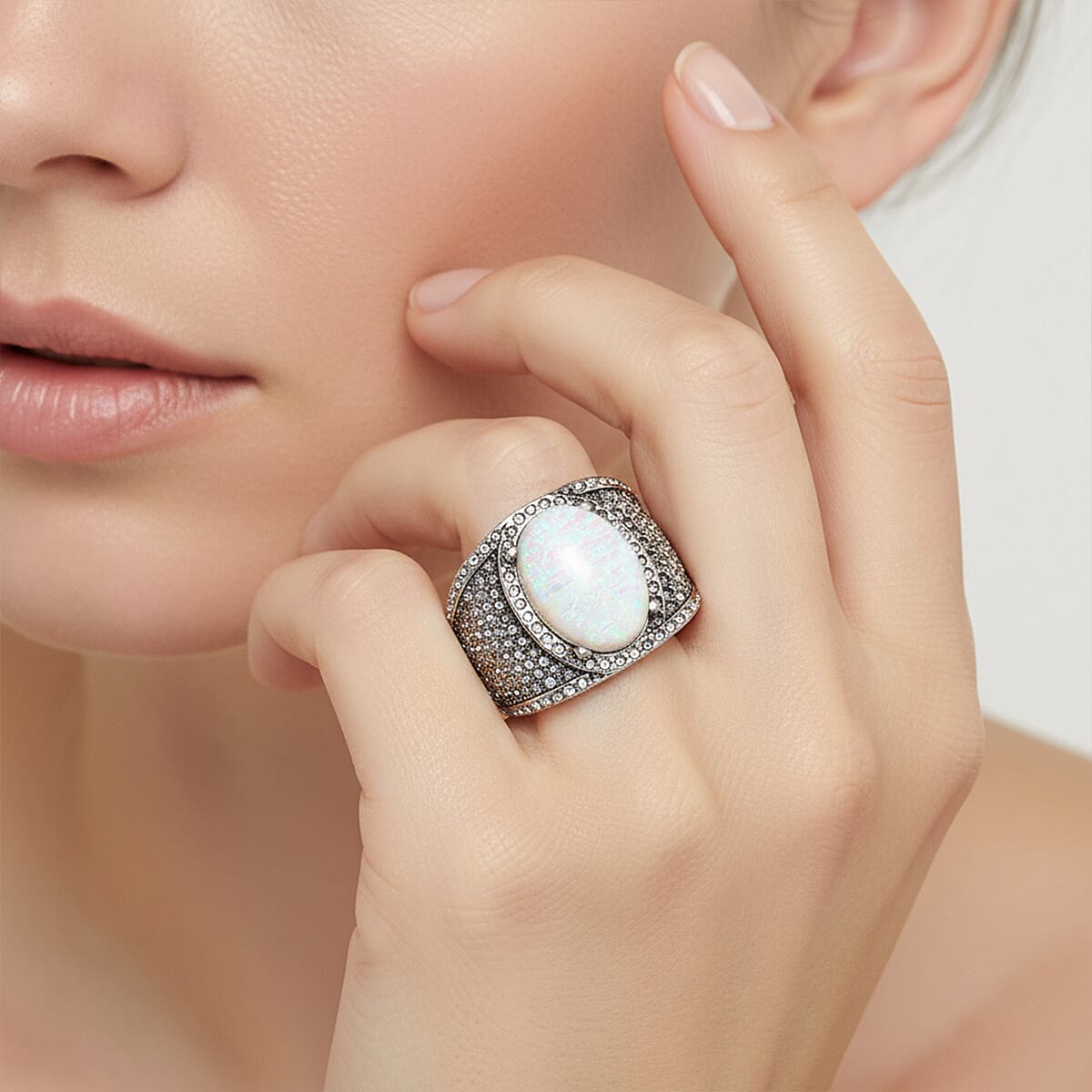 White Resin and Austrian Crystal Fire & Snow Celestia Ring in Stainless Steel (Size 10.0) image number 2