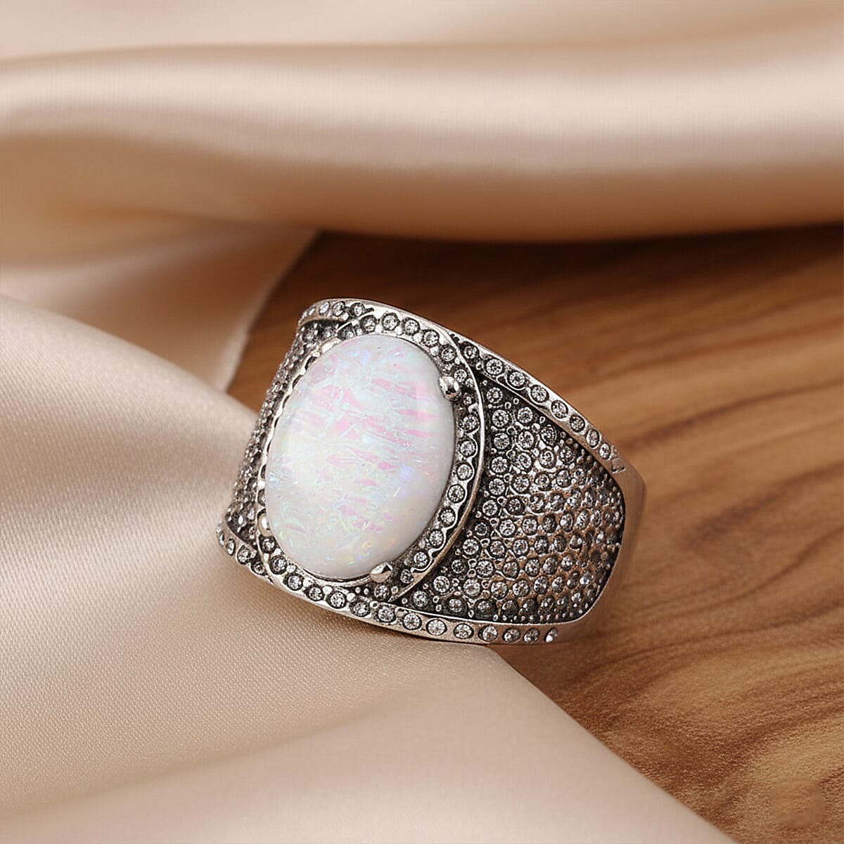 White Resin and Austrian Crystal Fire & Snow Celestia Ring in Stainless Steel (Size 6.0) image number 1