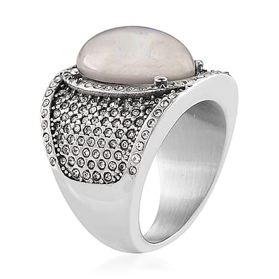 Lab Created White Opal and Austrian Crystal Fire & Snow Celestial Ring in Stainless Steel (Size 6.0)