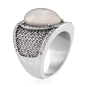 White Resin and Austrian Crystal Fire & Snow Celestia Ring in Stainless Steel (Size 7.0)
