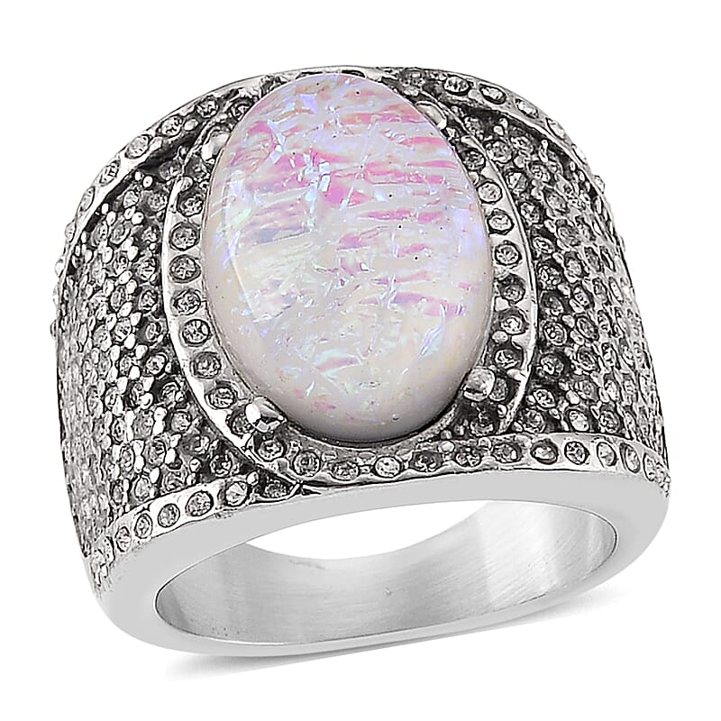 Lab Created White Opal and Austrian Crystal Fire & Snow Celestial Ring in Stainless Steel (Size 8.0)