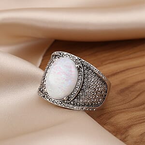 Lab Created White Opal and Austrian Crystal Fire & Snow Celestia Ring in Stainless Steel (Size 9.0)