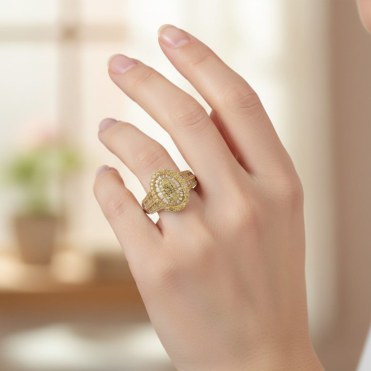 D'Joy Yellow Diamond 1.00 ctw Cocktail Cluster Ring in Rhodium Over Sterling Silver (Size 6.0) image number 2