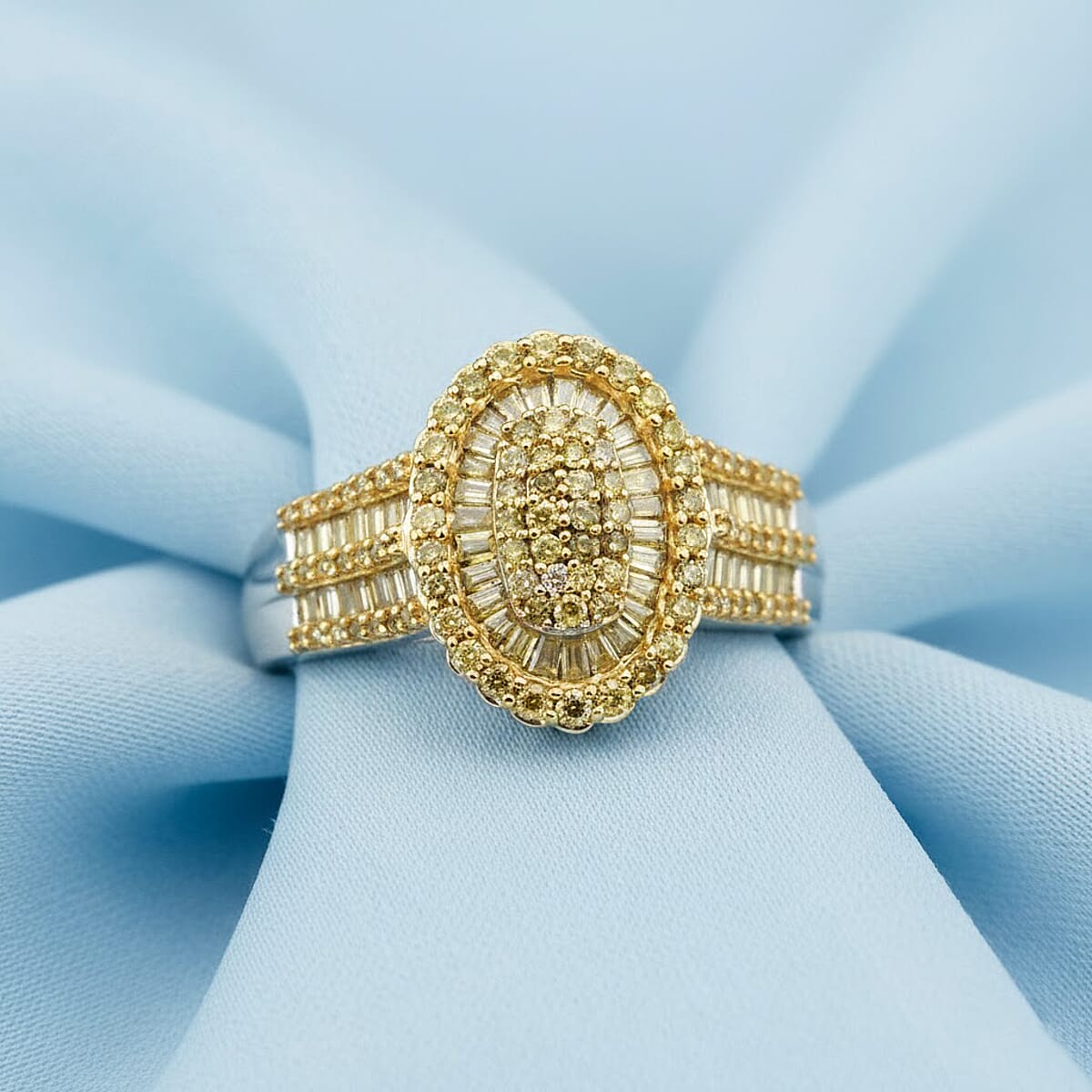 D'Joy Yellow Diamond 1.00 ctw Cocktail Cluster Ring in Rhodium Over Sterling Silver (Size 8.0) image number 1