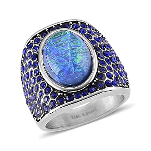 Lab Created Blue Opal and Austrian Crystal Royal Midnight Mirage Ring in Stainless Steel (Size 6.0)