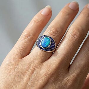 Lab Created Blue Opal and Austrian Crystal Royal Midnight Mirage Ring in Stainless Steel (Size 6.0)