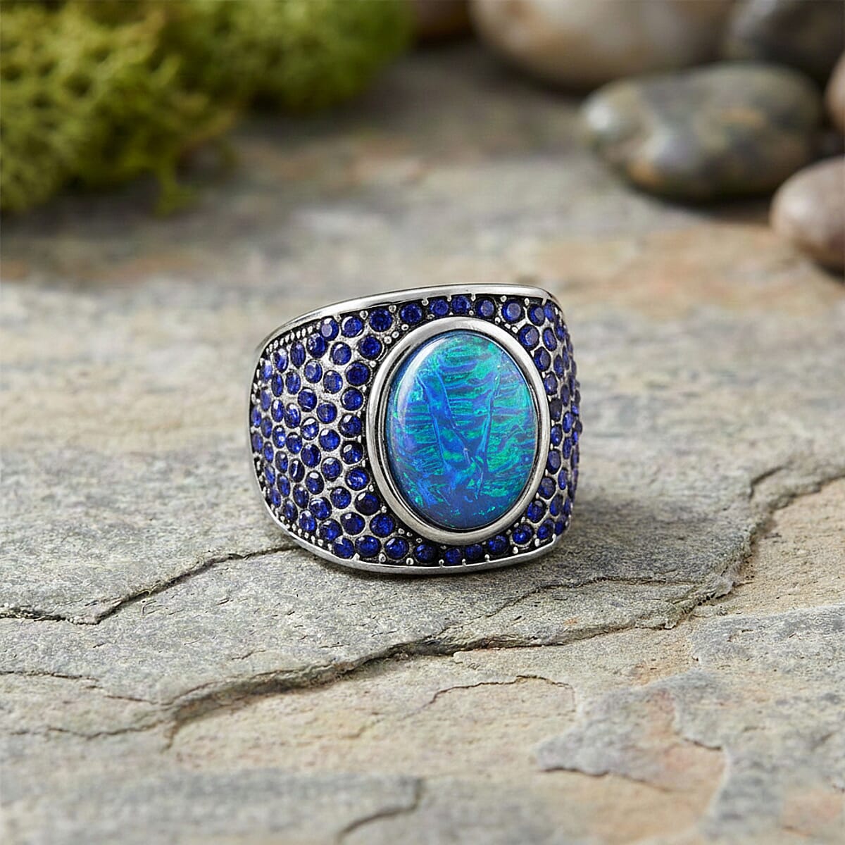 Lab Created Blue Opal and Austrian Crystal Royal Midnight Mirage Ring in Stainless Steel (Size 8.0) image number 1