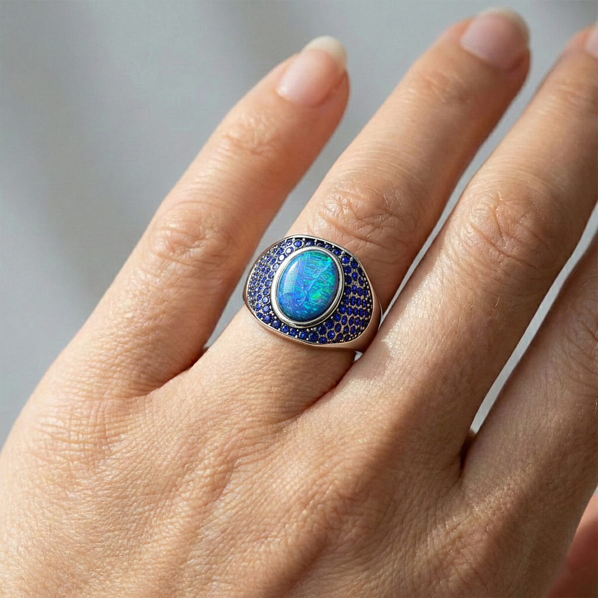 Lab Created Blue Opal and Austrian Crystal Royal Midnight Mirage Ring in Stainless Steel (Size 8.0) image number 2