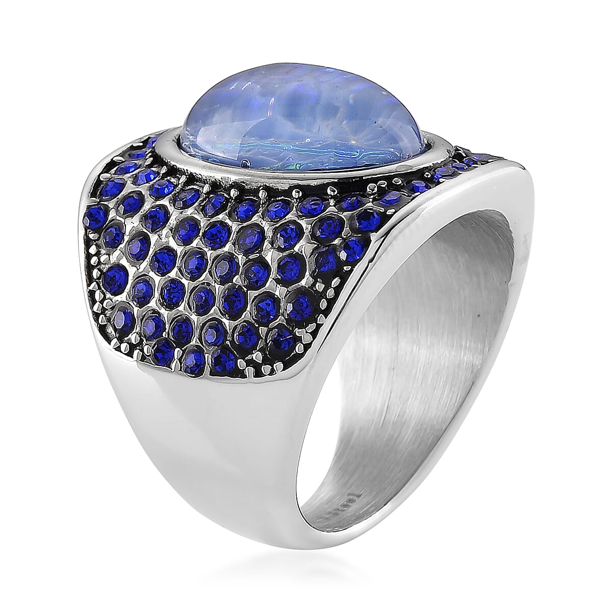 Lab Created Blue Opal and Austrian Crystal Royal Midnight Mirage Ring in Stainless Steel (Size 8.0) image number 3