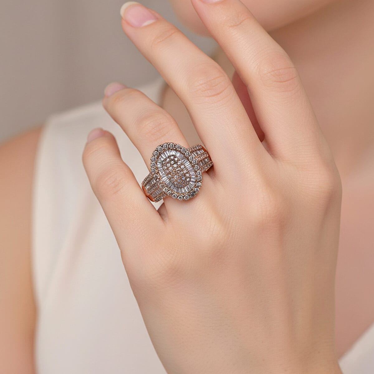 D'Joy Natural Champagne Diamond 1.00 ctw Cocktail Cluster Ring in 18K Vermeil Rose Gold Over Sterling Silver (Size 6.0) image number 2