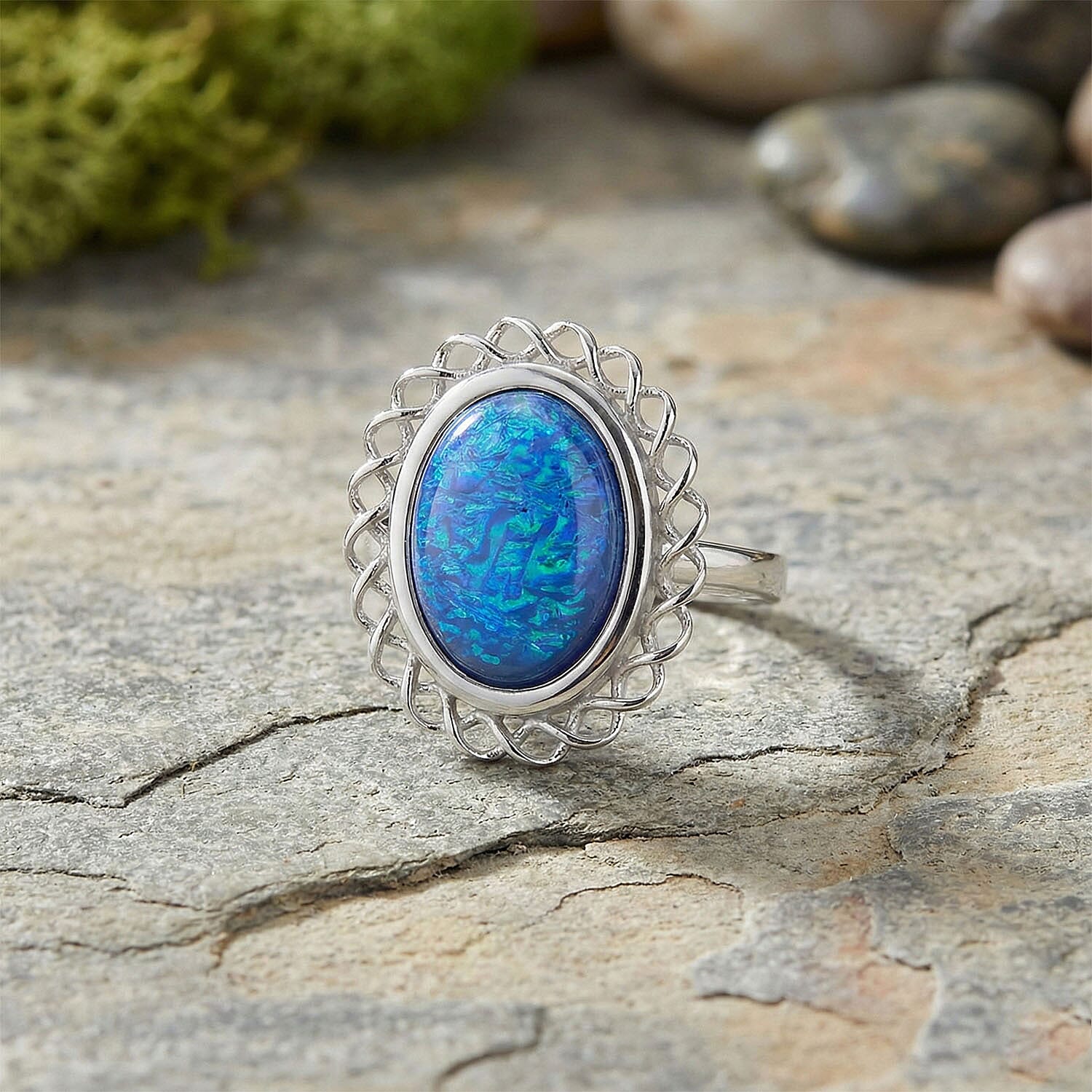 Lab Created Blue Opal Ocean Heart Halo Ring in Stainless Steel (Size 10.0)