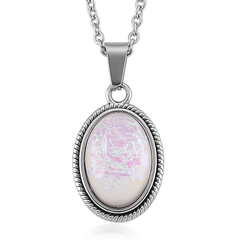 Lab Created White Opal Ethereal Frost Aura Pendant Necklace (20-22 Inches) in Stainless Steel