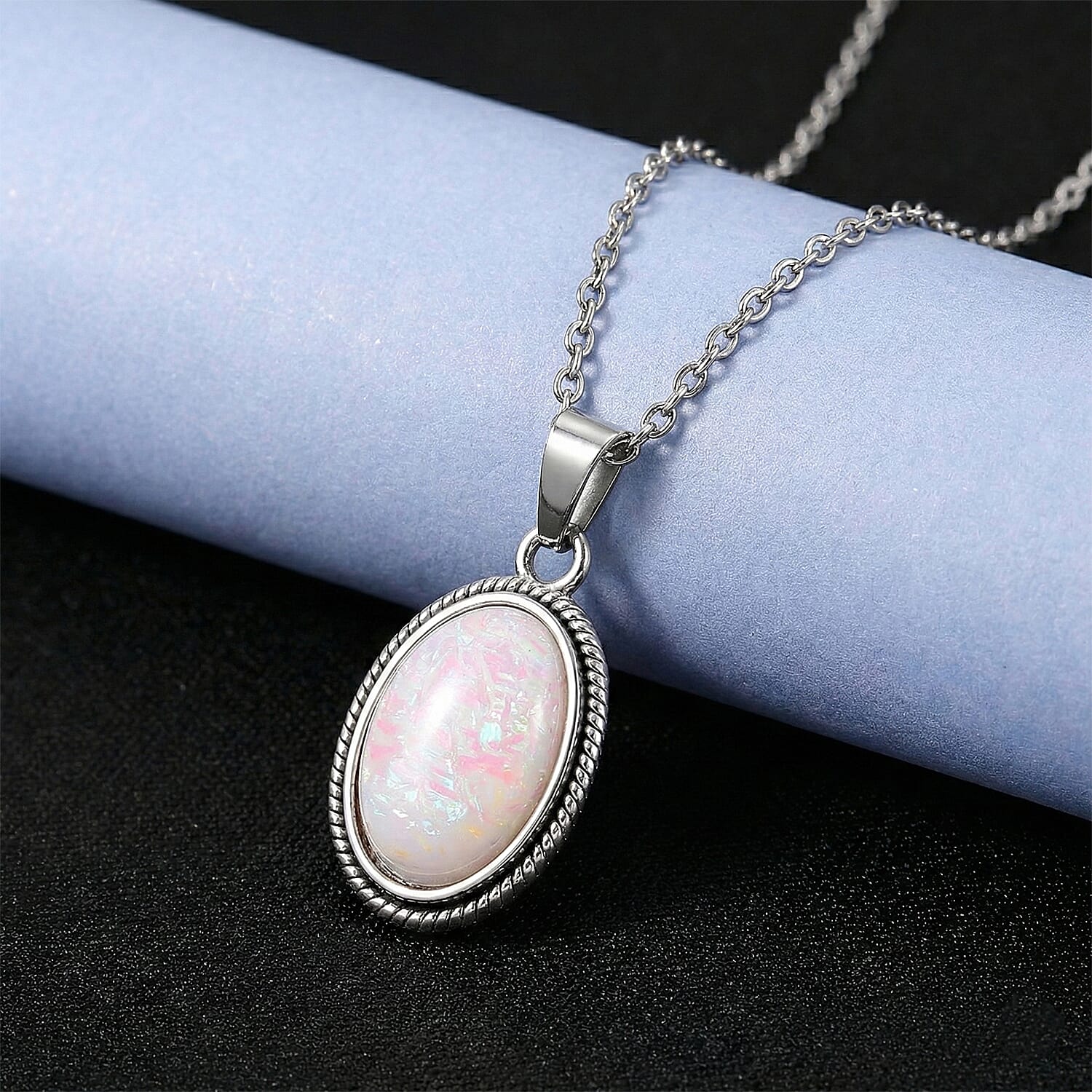 Lab Created White Opal Ethereal Frost Aura Pendant Necklace (20-22 Inches) in Stainless Steel