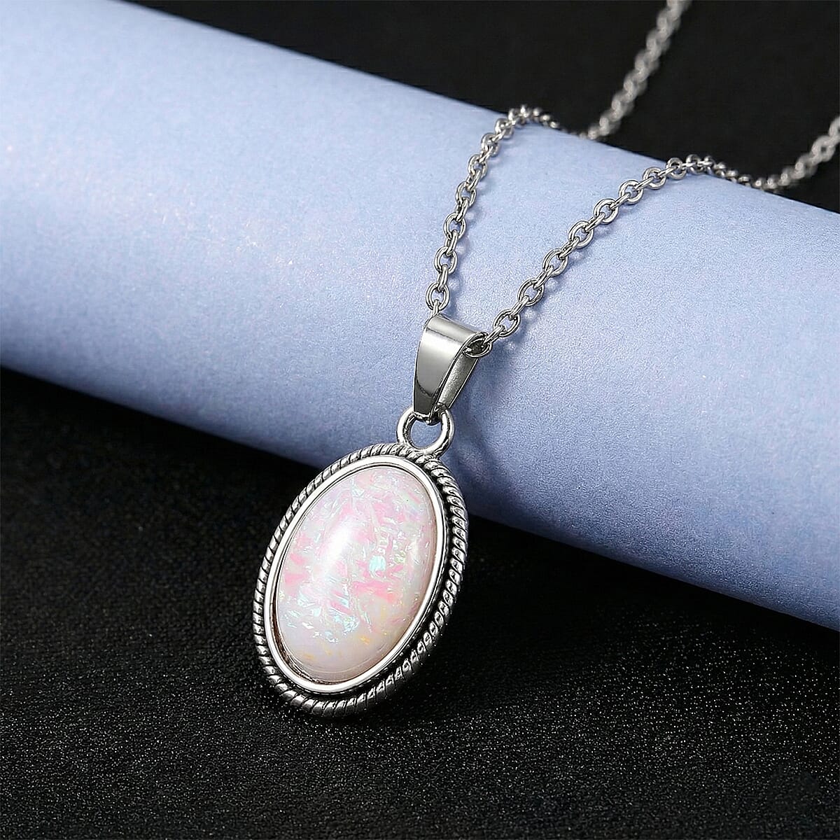 White Resin Ethereal Frost Aura Pendant Necklace (20-22 Inches) in Stainless Steel image number 1