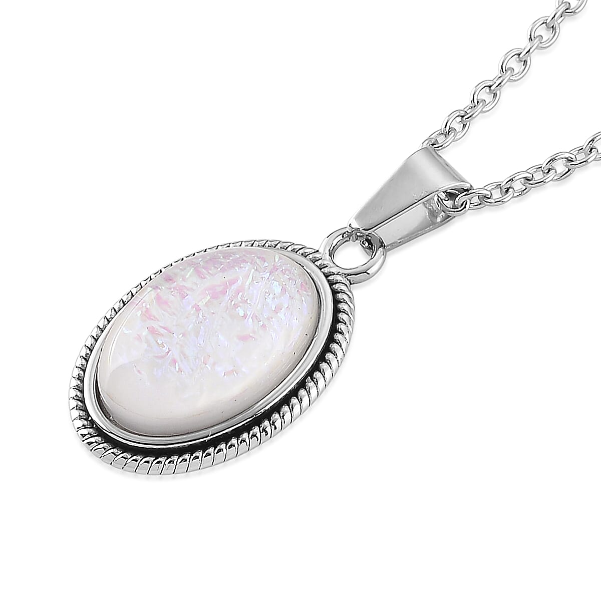 Lab Created White Opal Ethereal Frost Aura Pendant Necklace (20-22 Inches) in Stainless Steel