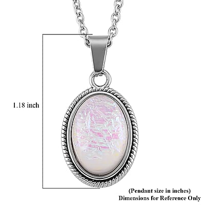 Lab Created White Opal Ethereal Frost Aura Pendant Necklace (20-22 Inches) in Stainless Steel