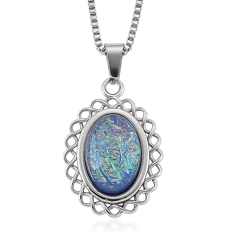 Lab Created Blue Opal Ocean Heart Halo Pendant Necklace (20-22 Inches) in Stainless Steel