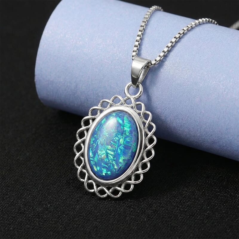 Lab Created Blue Opal Ocean Heart Halo Pendant Necklace (20-22 Inches) in Stainless Steel